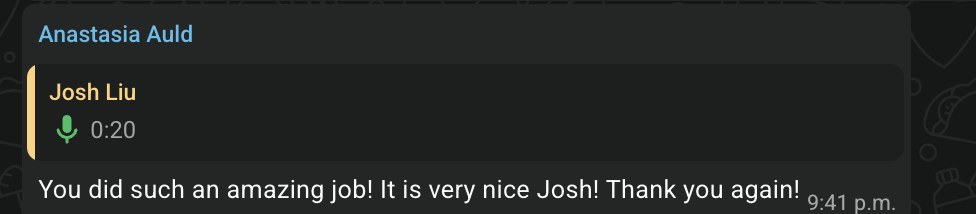Anastasia's message to Josh after launch.