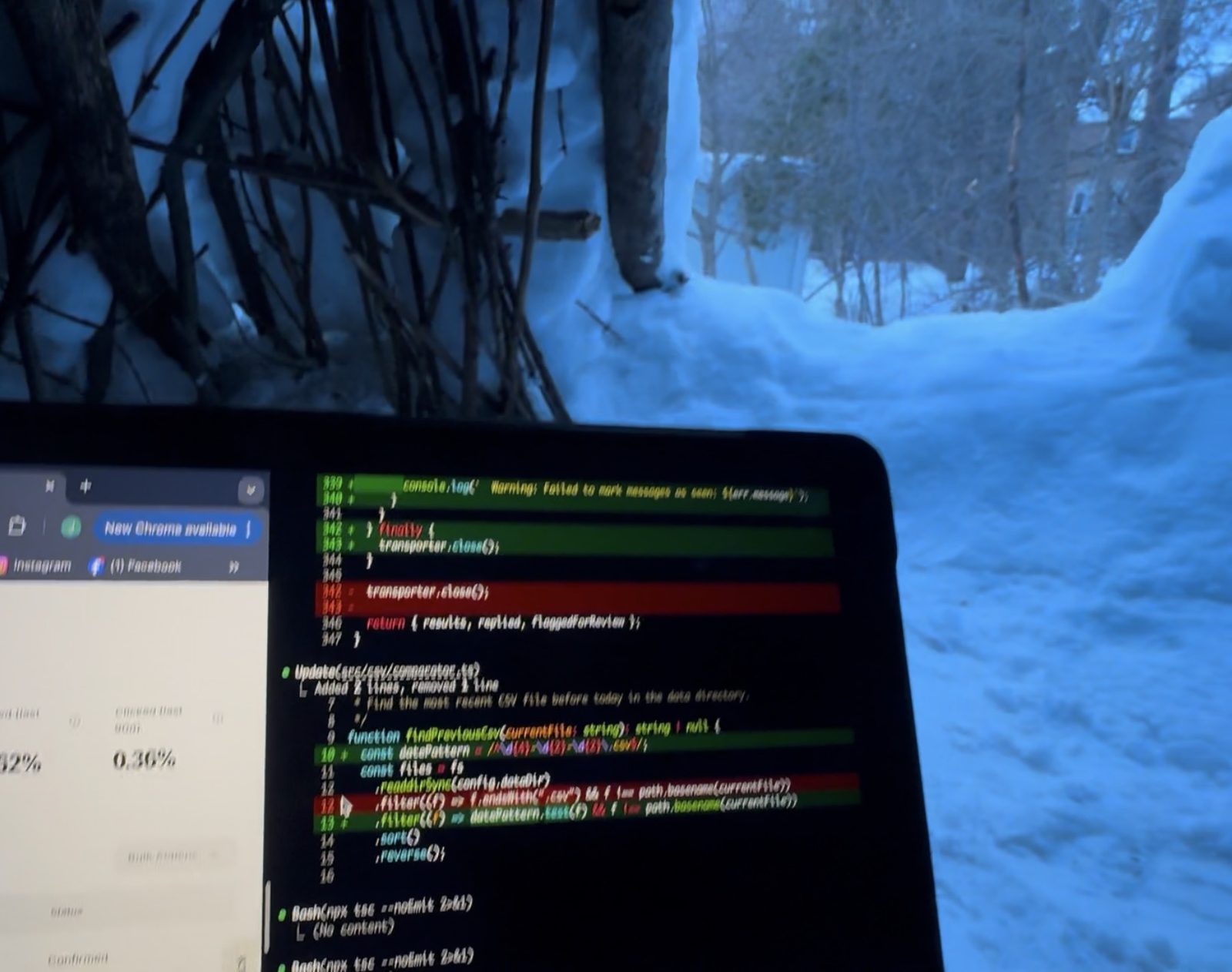 Coding Joseph's DM bot on a camping trip. Yes, that's snow. Leads don't take weekends off!